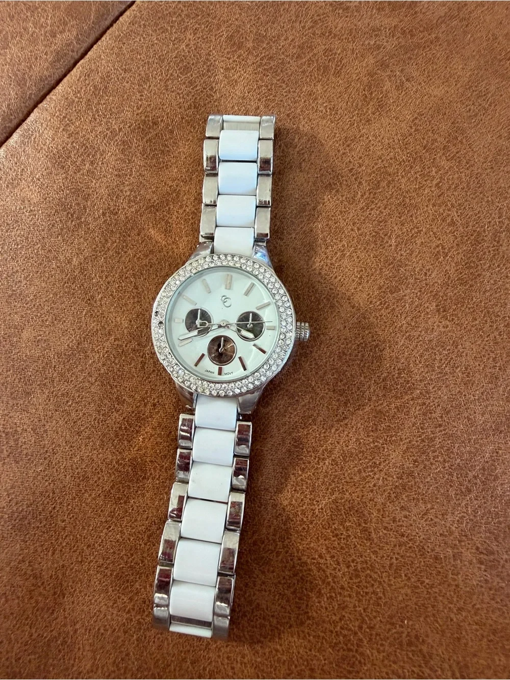 Women's White Ceramic Link Watch - Silver-Tone Crystal Rhinestone Bezel - Japan